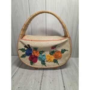 Vintage Raffia Straw Floral Embroidered Banquet Bag Tropical Vacation Cruise